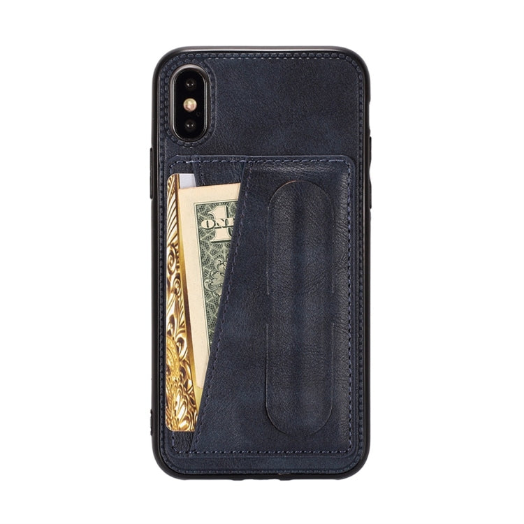 For iPhone XS Max Shockproof PC + PU Protective Case with Spring Holder & Card Slot