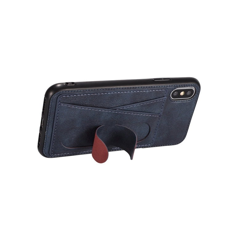 For iPhone XS Max Shockproof PC + PU Protective Case with Spring Holder & Card Slot