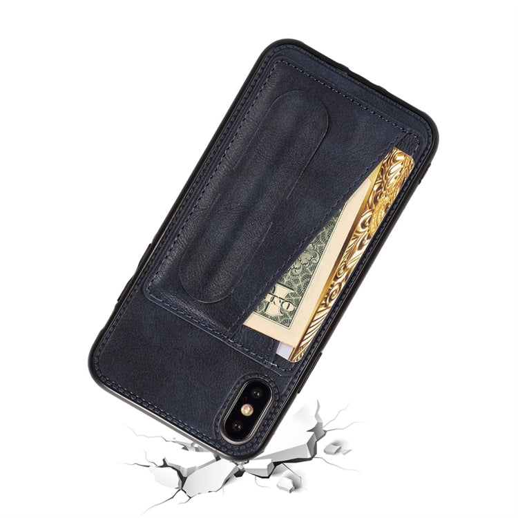 For iPhone XS Max Shockproof PC + PU Protective Case with Spring Holder & Card Slot