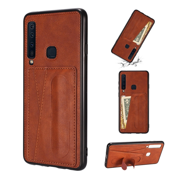 For Galaxy A9 (2018) / A9s Shockproof PC + PU Protective Case with Spring Holder & Card Slot
