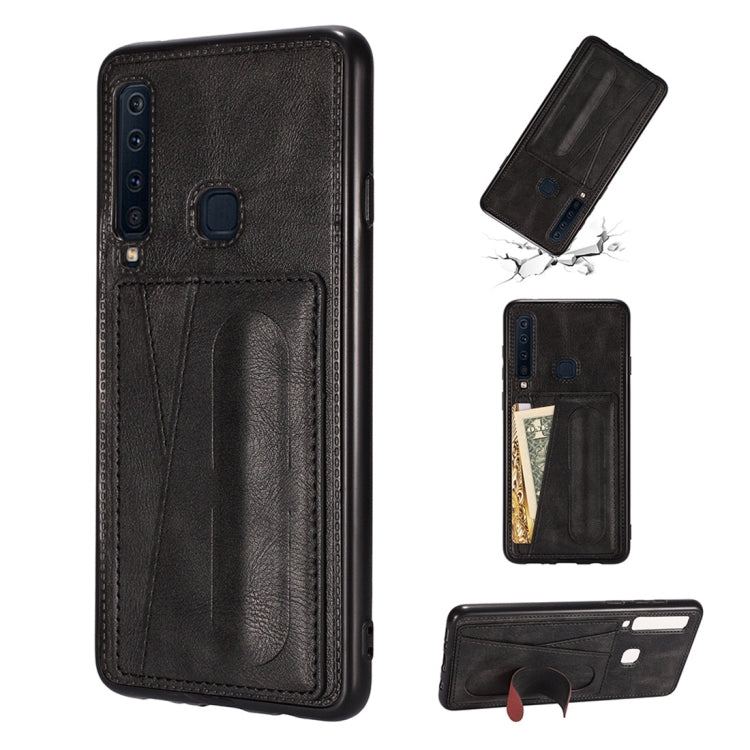 For Galaxy A9 (2018) / A9s Shockproof PC + PU Protective Case with Spring Holder & Card Slot