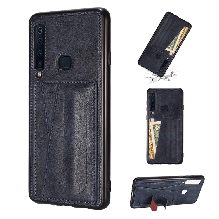 For Galaxy A9 (2018) / A9s Shockproof PC + PU Protective Case with Spring Holder & Card Slot