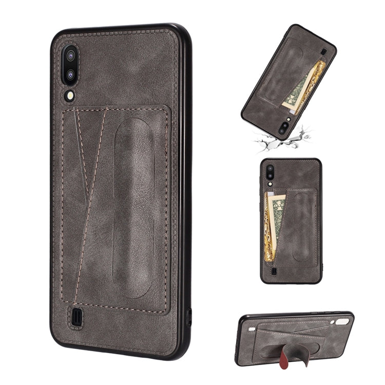 For Galaxy A10 Shockproof PC + PU Protective Case with Spring Holder & Card Slot