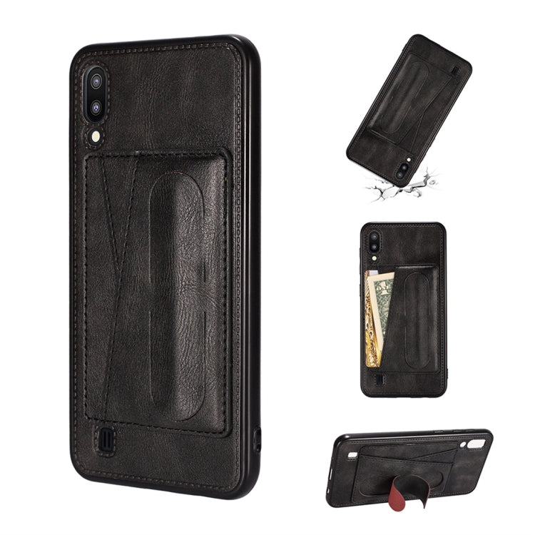 For Galaxy M20 Shockproof PC + PU Protective Case with Spring Holder & Card Slot