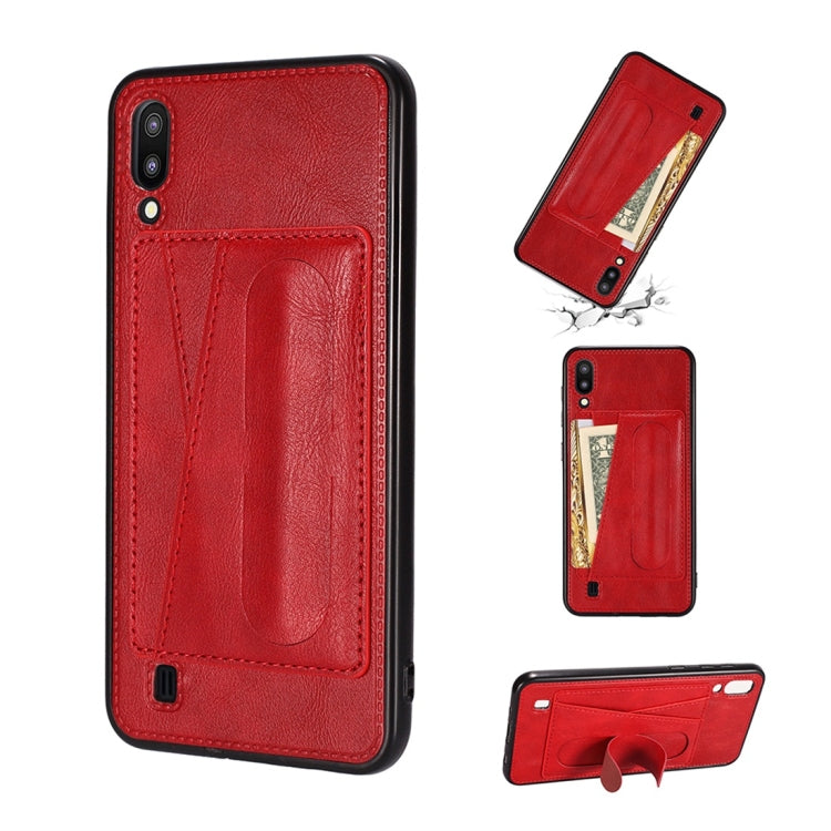 For Galaxy M20 Shockproof PC + PU Protective Case with Spring Holder & Card Slot