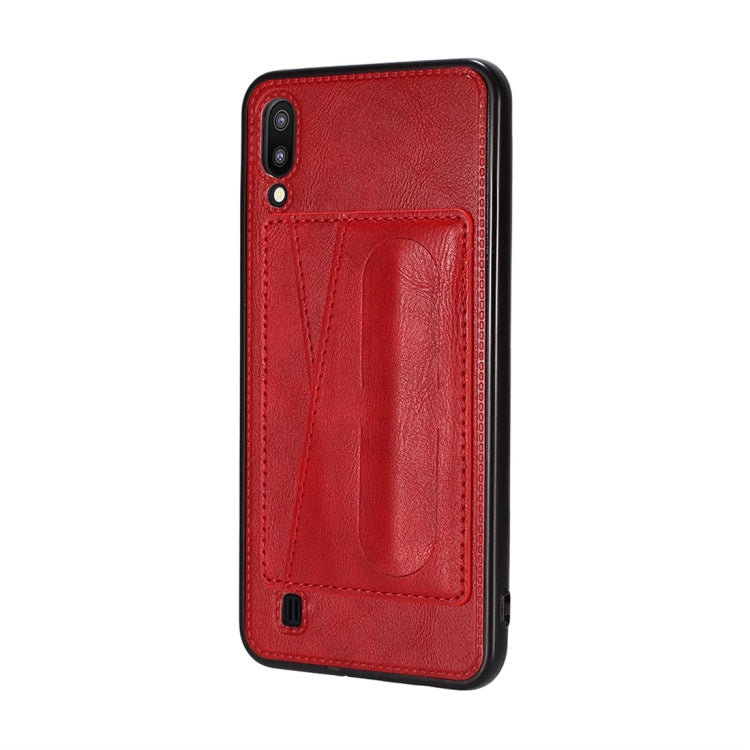 For Galaxy M20 Shockproof PC + PU Protective Case with Spring Holder & Card Slot
