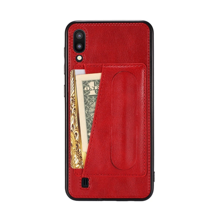For Galaxy M20 Shockproof PC + PU Protective Case with Spring Holder & Card Slot
