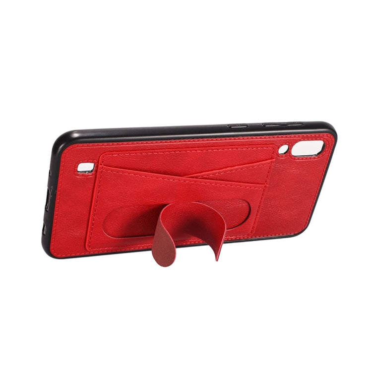 For Galaxy M20 Shockproof PC + PU Protective Case with Spring Holder & Card Slot