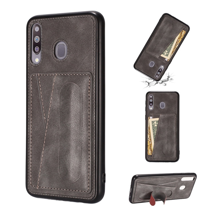 For Galaxy A20 Shockproof PC + PU Protective Case with Spring Holder & Card Slot