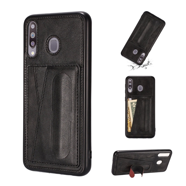 For Galaxy A20 Shockproof PC + PU Protective Case with Spring Holder & Card Slot
