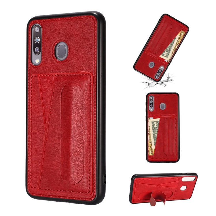 For Galaxy A20 Shockproof PC + PU Protective Case with Spring Holder & Card Slot