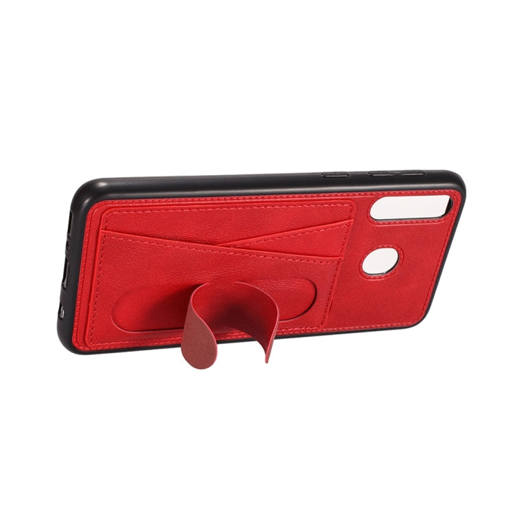 For Galaxy A20 Shockproof PC + PU Protective Case with Spring Holder & Card Slot