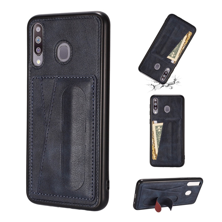 For Galaxy A20 Shockproof PC + PU Protective Case with Spring Holder & Card Slot