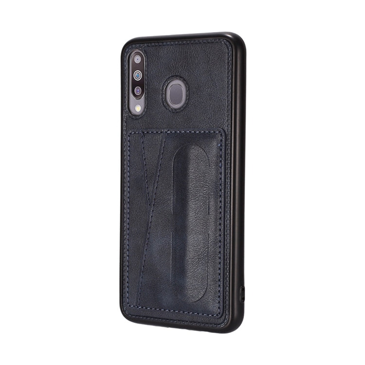 For Galaxy A20 Shockproof PC + PU Protective Case with Spring Holder & Card Slot