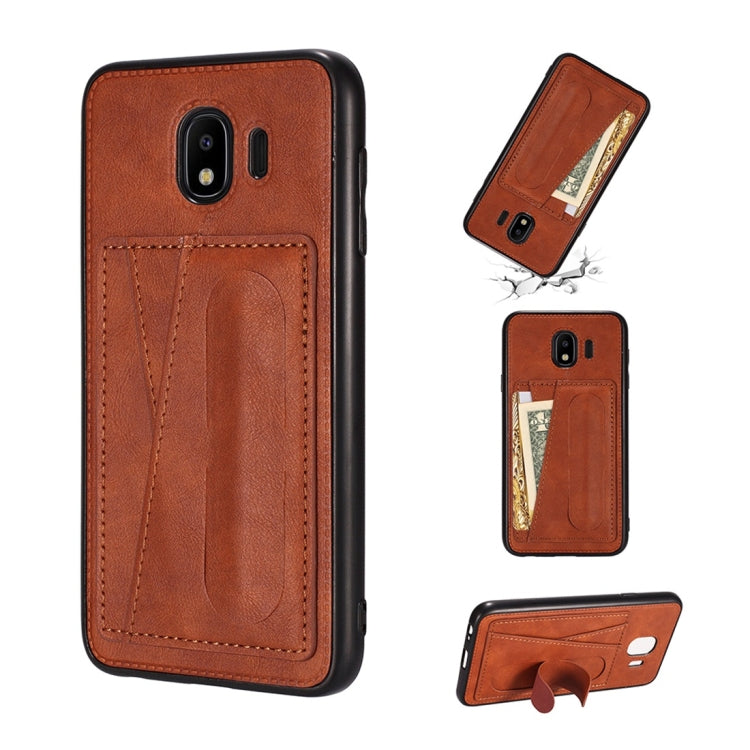 For Galaxy J4 (2018) Shockproof PC + PU Protective Case with Spring Holder & Card Slot