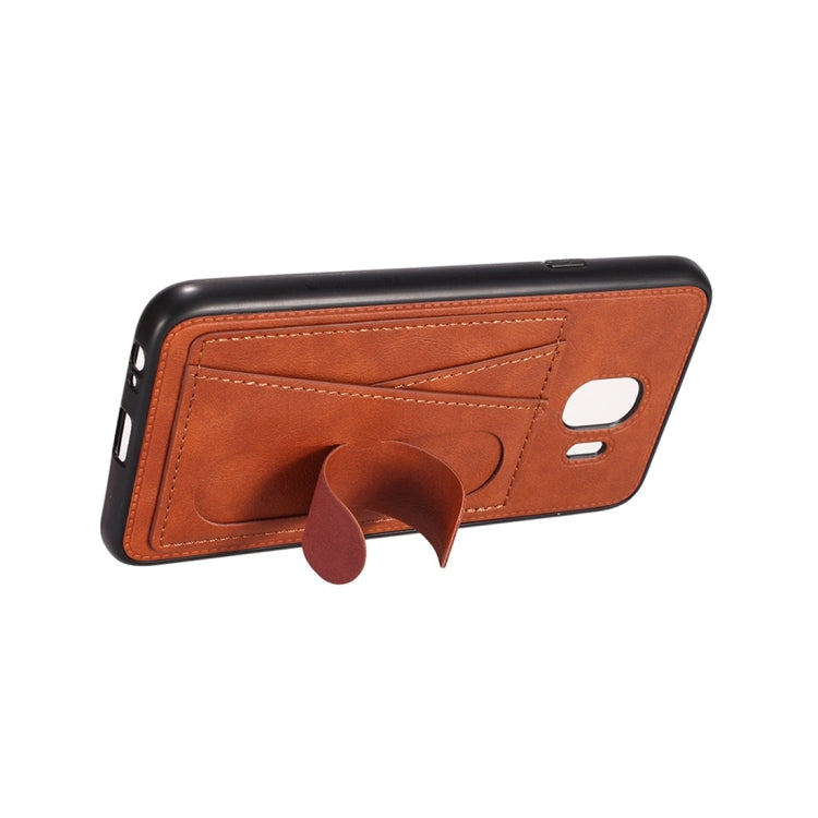 For Galaxy J4 (2018) Shockproof PC + PU Protective Case with Spring Holder & Card Slot