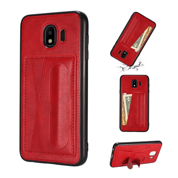 For Galaxy J4 (2018) Shockproof PC + PU Protective Case with Spring Holder & Card Slot