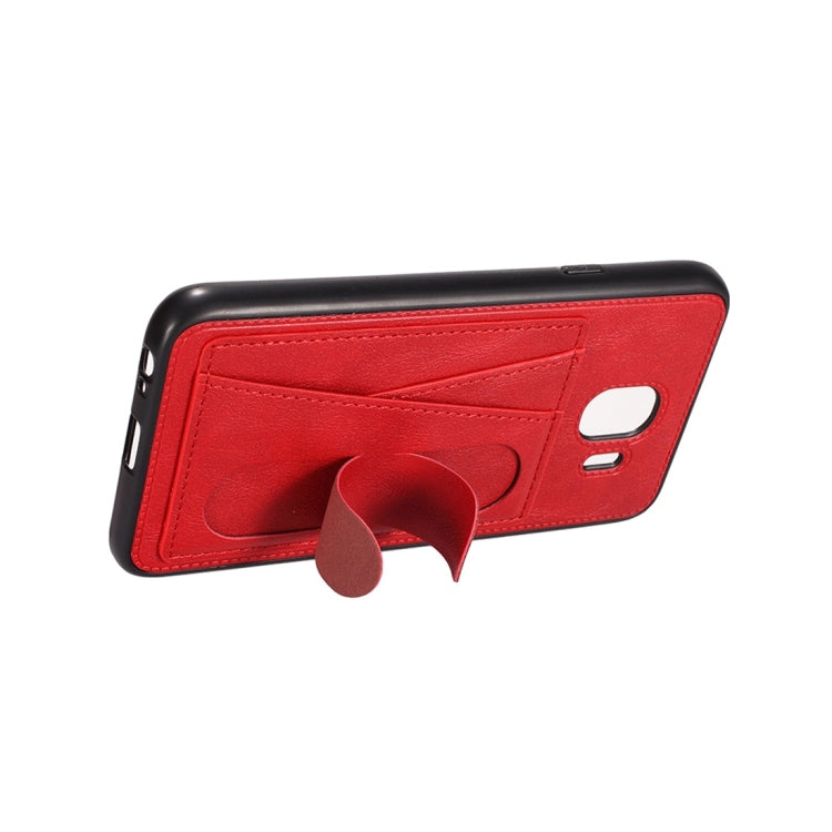 For Galaxy J4 (2018) Shockproof PC + PU Protective Case with Spring Holder & Card Slot