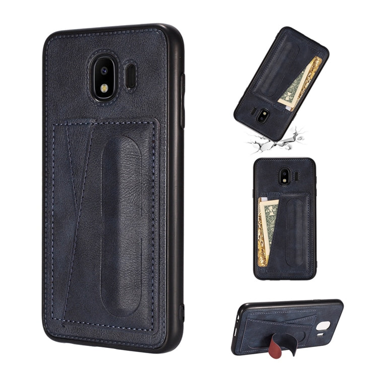 For Galaxy J4 (2018) Shockproof PC + PU Protective Case with Spring Holder & Card Slot