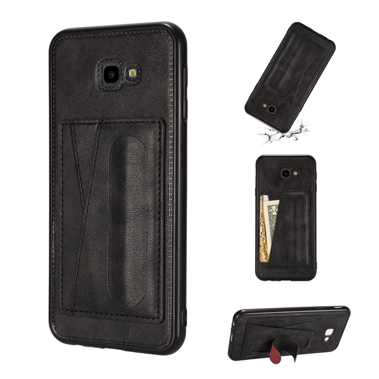 For Galaxy J4+ Shockproof PC + PU Protective Case with Spring Holder & Card Slot