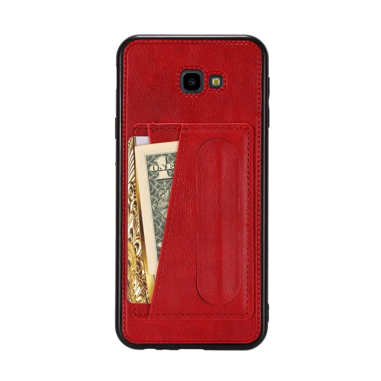 For Galaxy J4+ Shockproof PC + PU Protective Case with Spring Holder & Card Slot