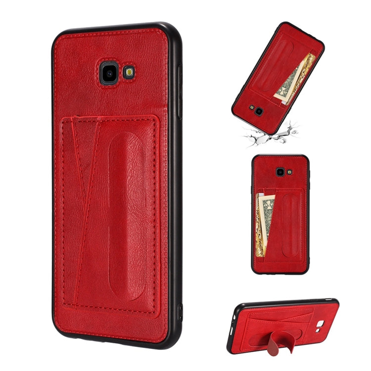For Galaxy J4+ Shockproof PC + PU Protective Case with Spring Holder & Card Slot