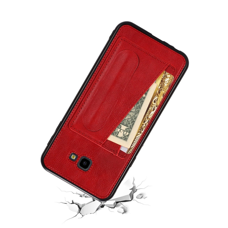 For Galaxy J4+ Shockproof PC + PU Protective Case with Spring Holder & Card Slot
