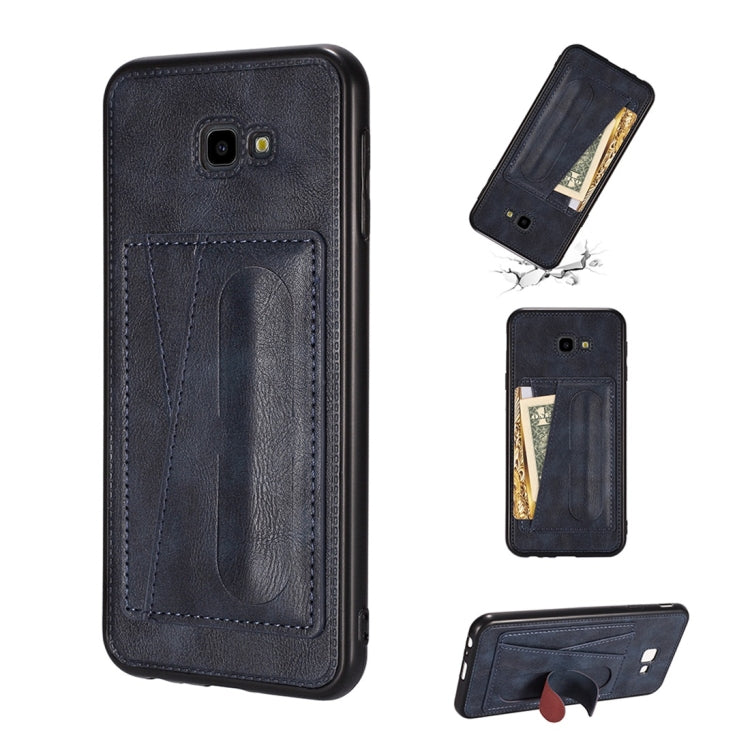 For Galaxy J4+ Shockproof PC + PU Protective Case with Spring Holder & Card Slot
