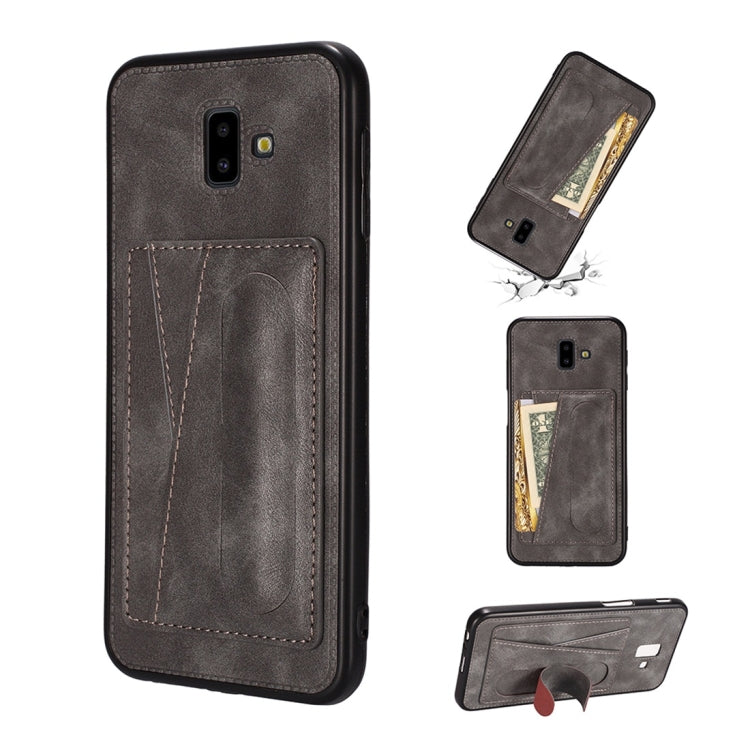 For Galaxy J6 (2018) Shockproof PC + PU Protective Case with Spring Holder & Card Slot