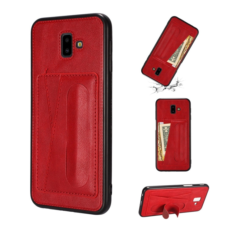 For Galaxy J6+ Shockproof PC + PU Protective Case with Spring Holder & Card Slot