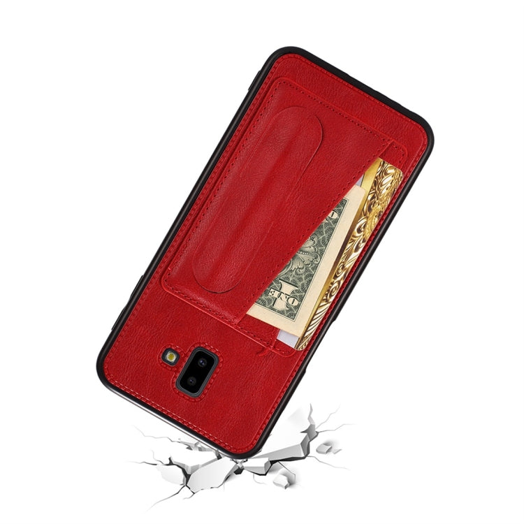 For Galaxy J6+ Shockproof PC + PU Protective Case with Spring Holder & Card Slot