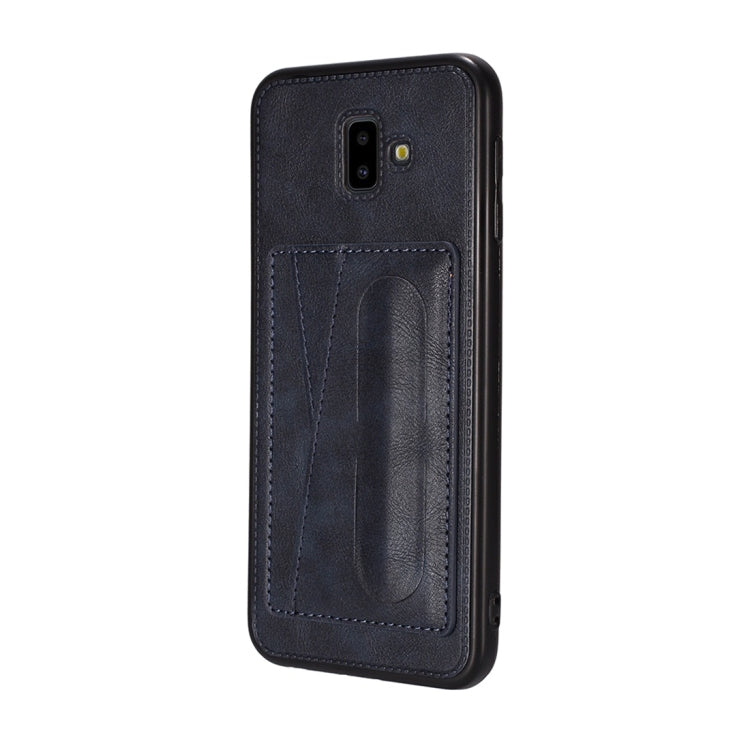 For Galaxy J6+ Shockproof PC + PU Protective Case with Spring Holder & Card Slot
