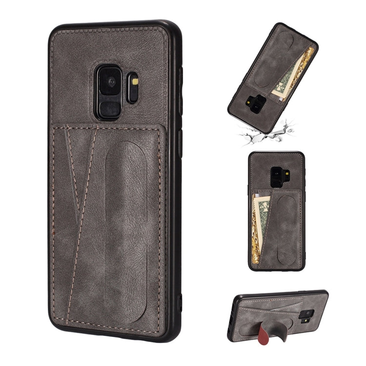 For Galaxy S9+ Shockproof PC + PU Protective Case with Spring Holder & Card Slot
