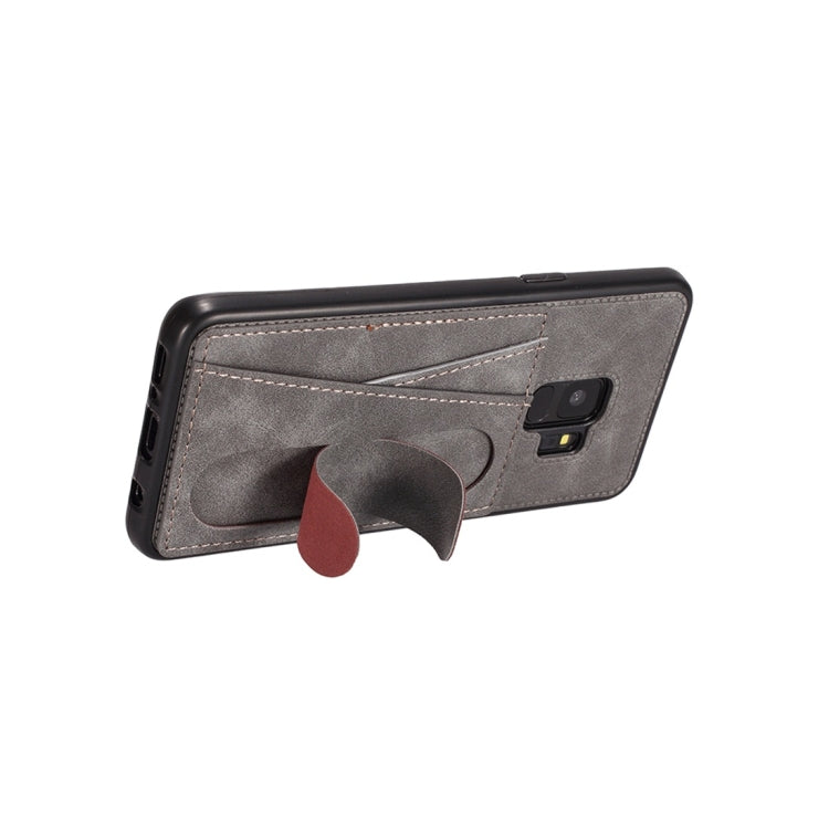 For Galaxy S9+ Shockproof PC + PU Protective Case with Spring Holder & Card Slot