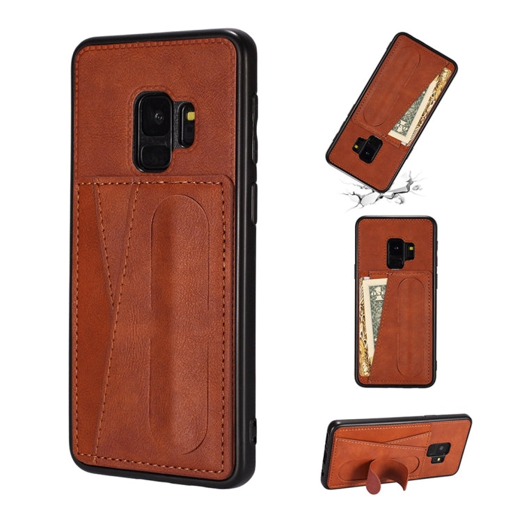For Galaxy S9+ Shockproof PC + PU Protective Case with Spring Holder & Card Slot