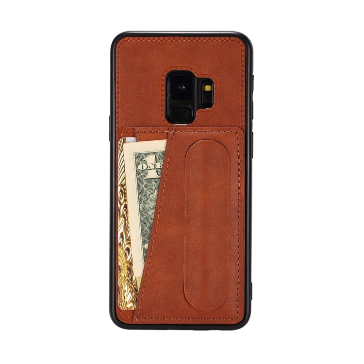 For Galaxy S9+ Shockproof PC + PU Protective Case with Spring Holder & Card Slot