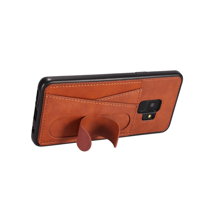 For Galaxy S9+ Shockproof PC + PU Protective Case with Spring Holder & Card Slot