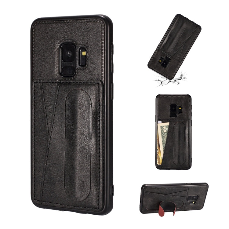 For Galaxy S9+ Shockproof PC + PU Protective Case with Spring Holder & Card Slot