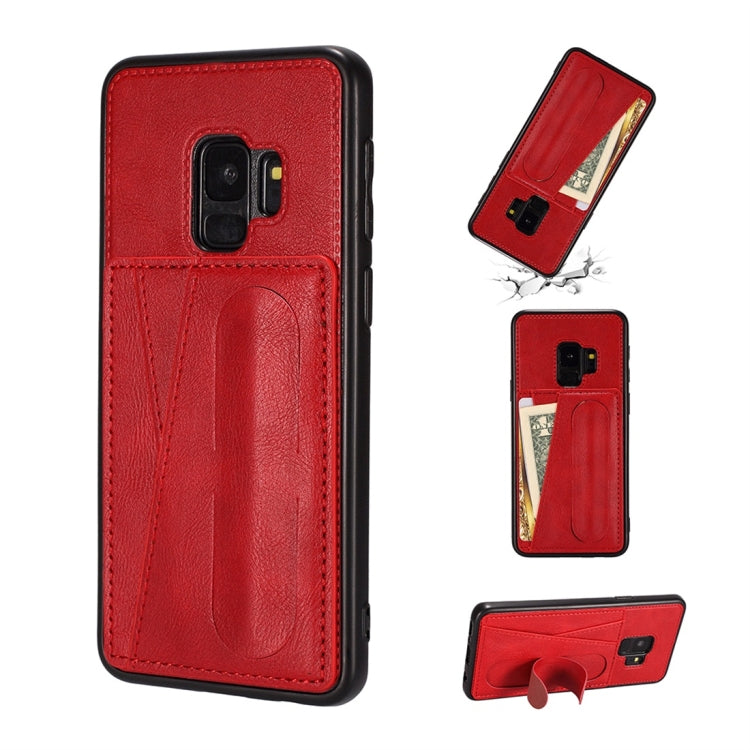 For Galaxy S9+ Shockproof PC + PU Protective Case with Spring Holder & Card Slot