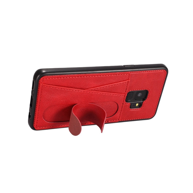 For Galaxy S9+ Shockproof PC + PU Protective Case with Spring Holder & Card Slot