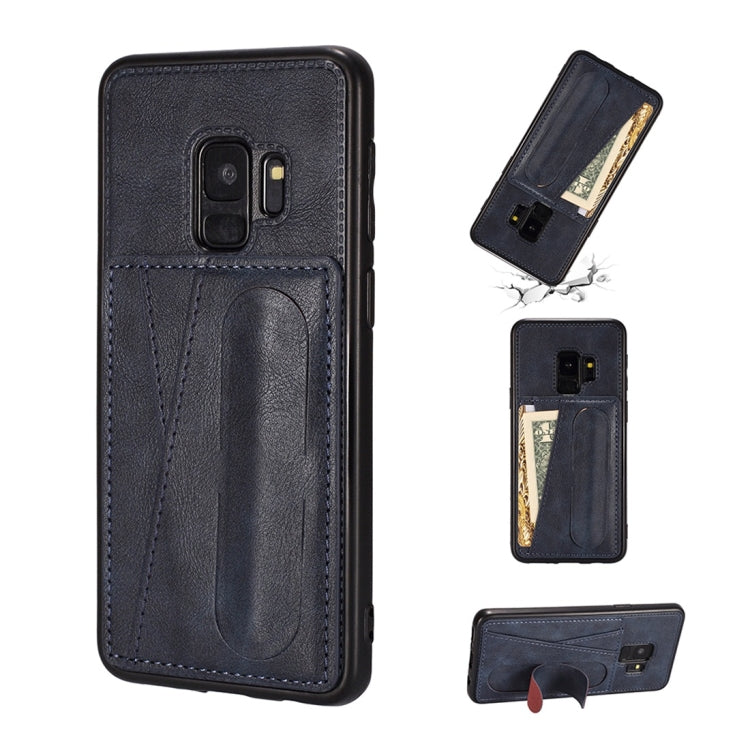 For Galaxy S9+ Shockproof PC + PU Protective Case with Spring Holder & Card Slot