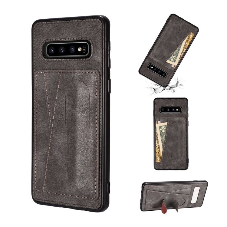 For Galaxy S10 Shockproof PC + PU Protective Case with Spring Holder & Card Slot