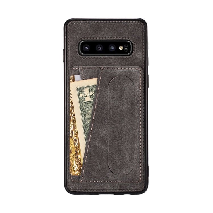 For Galaxy S10 Shockproof PC + PU Protective Case with Spring Holder & Card Slot