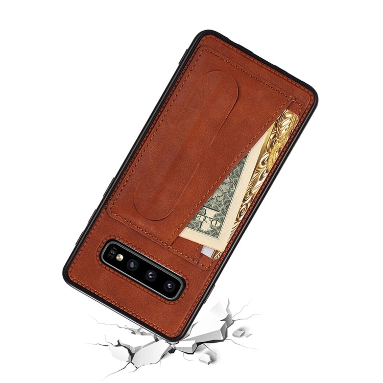 For Galaxy S10 Shockproof PC + PU Protective Case with Spring Holder & Card Slot
