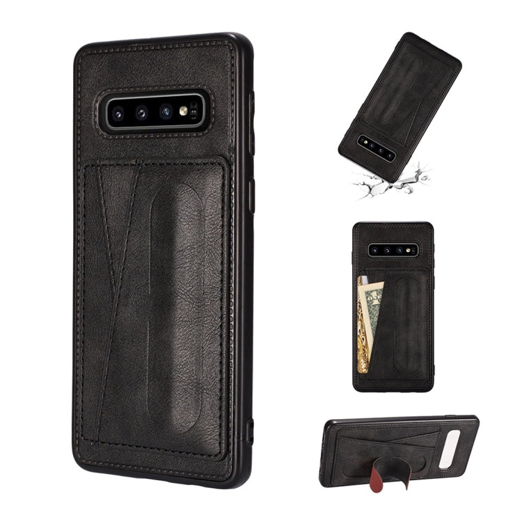 For Galaxy S10 Shockproof PC + PU Protective Case with Spring Holder & Card Slot