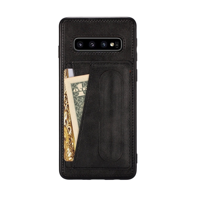 For Galaxy S10 Shockproof PC + PU Protective Case with Spring Holder & Card Slot