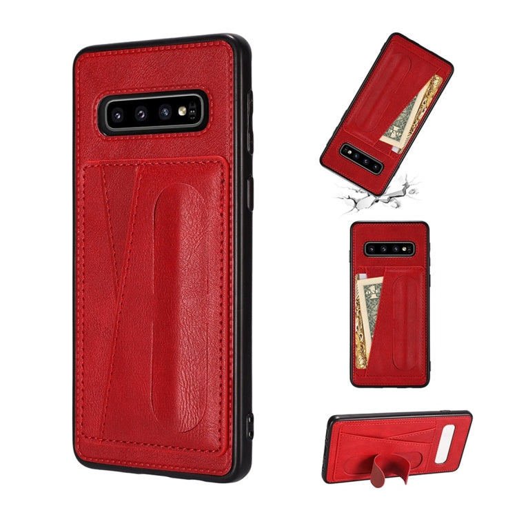 For Galaxy S10 Shockproof PC + PU Protective Case with Spring Holder & Card Slot