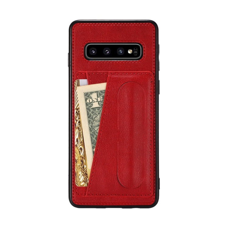 For Galaxy S10 Shockproof PC + PU Protective Case with Spring Holder & Card Slot