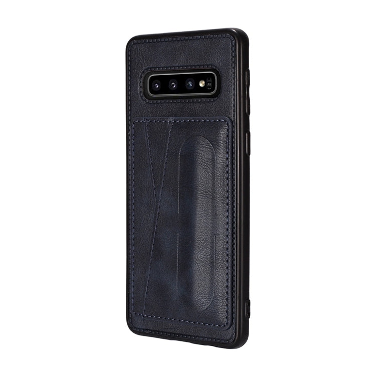 For Galaxy S10 Shockproof PC + PU Protective Case with Spring Holder & Card Slot