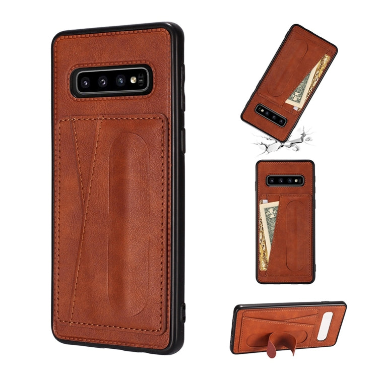For Galaxy S10e Shockproof PC + PU Protective Case with Spring Holder & Card Slot